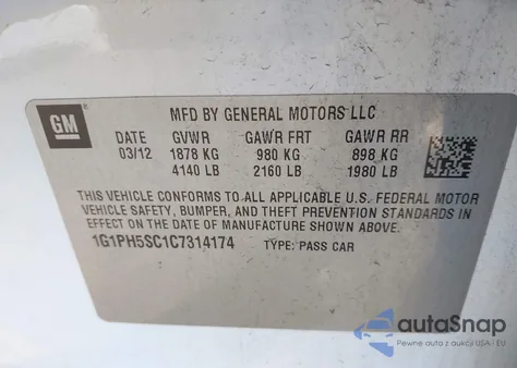 2012 Chevrolet Cruze Ltz from USA, damaged, VIN 1G1PH5SC1C7314174
